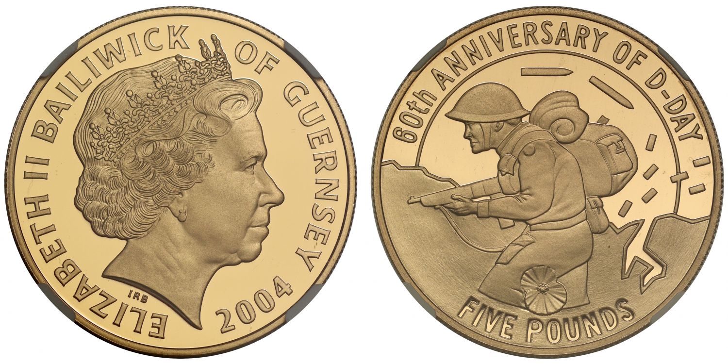 Guernsey 2004 PF70 UC gold Five-Pounds DDay Anniversary, Royal Mint