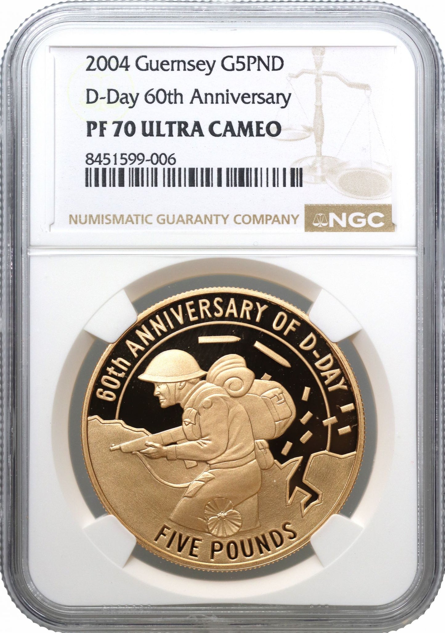Guernsey 2004 PF70 UC gold Five-Pounds DDay Anniversary, Royal Mint