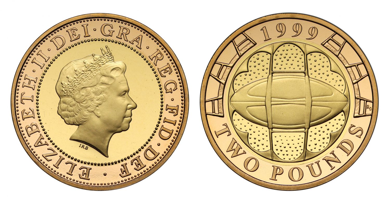 Elizabeth II 1999 PF70 UC gold Two-Pounds Rugby