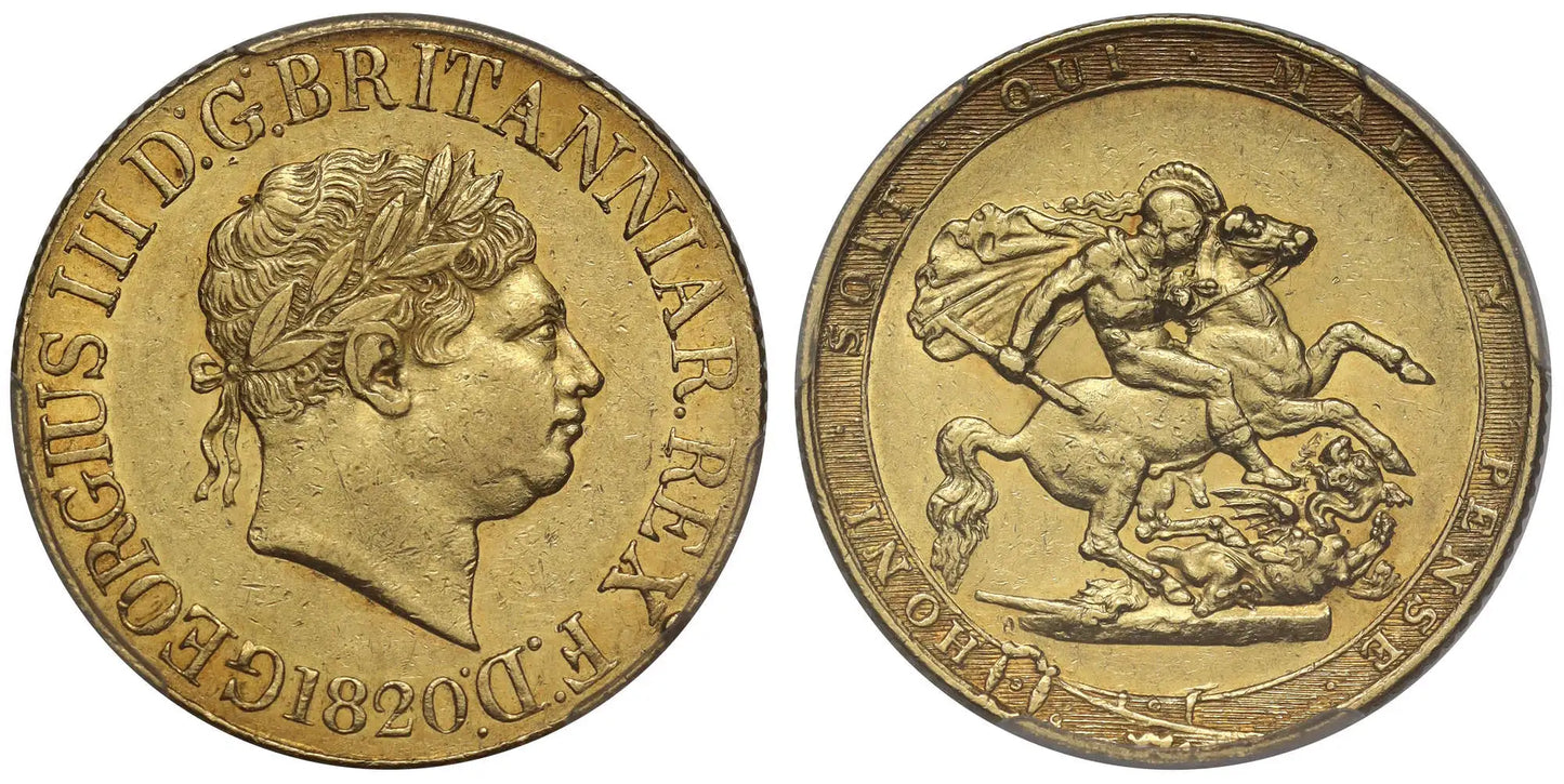 George III 1820 Sovereign, short date figures R3, PCGS AU50