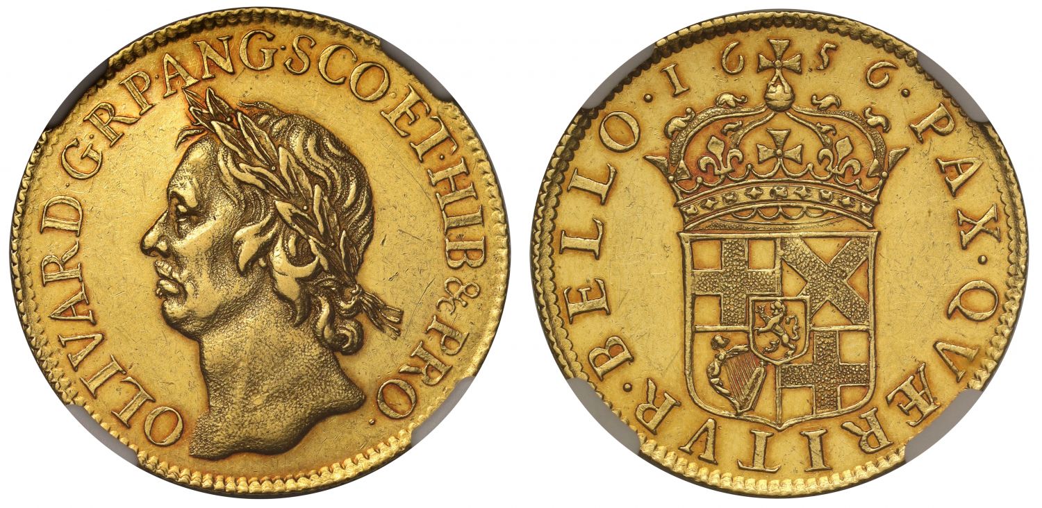 Oliver Cromwell, 1656 Broad of Twenty-Shillings, NGC AU58 by Thomas Simon