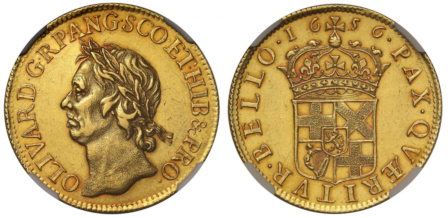Oliver Cromwell, 1656 Broad of Twenty-Shillings, NGC AU58 by Thomas Simon