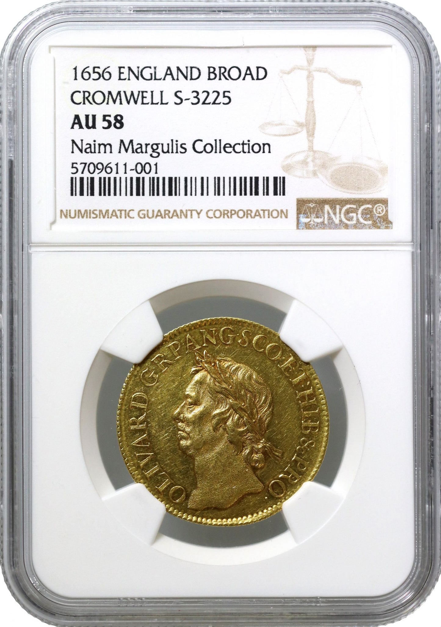 Oliver Cromwell, 1656 Broad of Twenty-Shillings, NGC AU58 by Thomas Simon