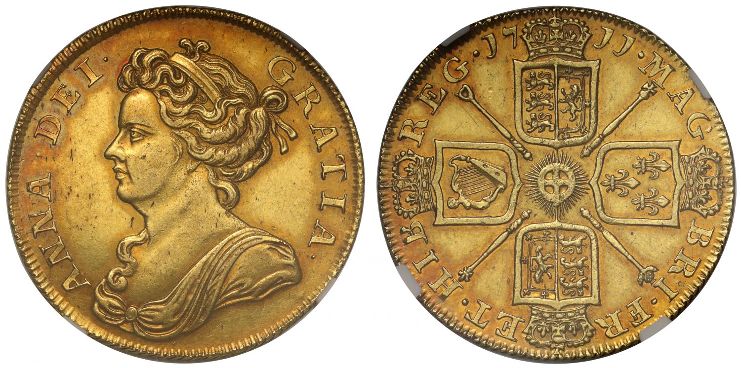 Anne 1711 Two-Guineas, draped bust, AU58, ex Margulis
