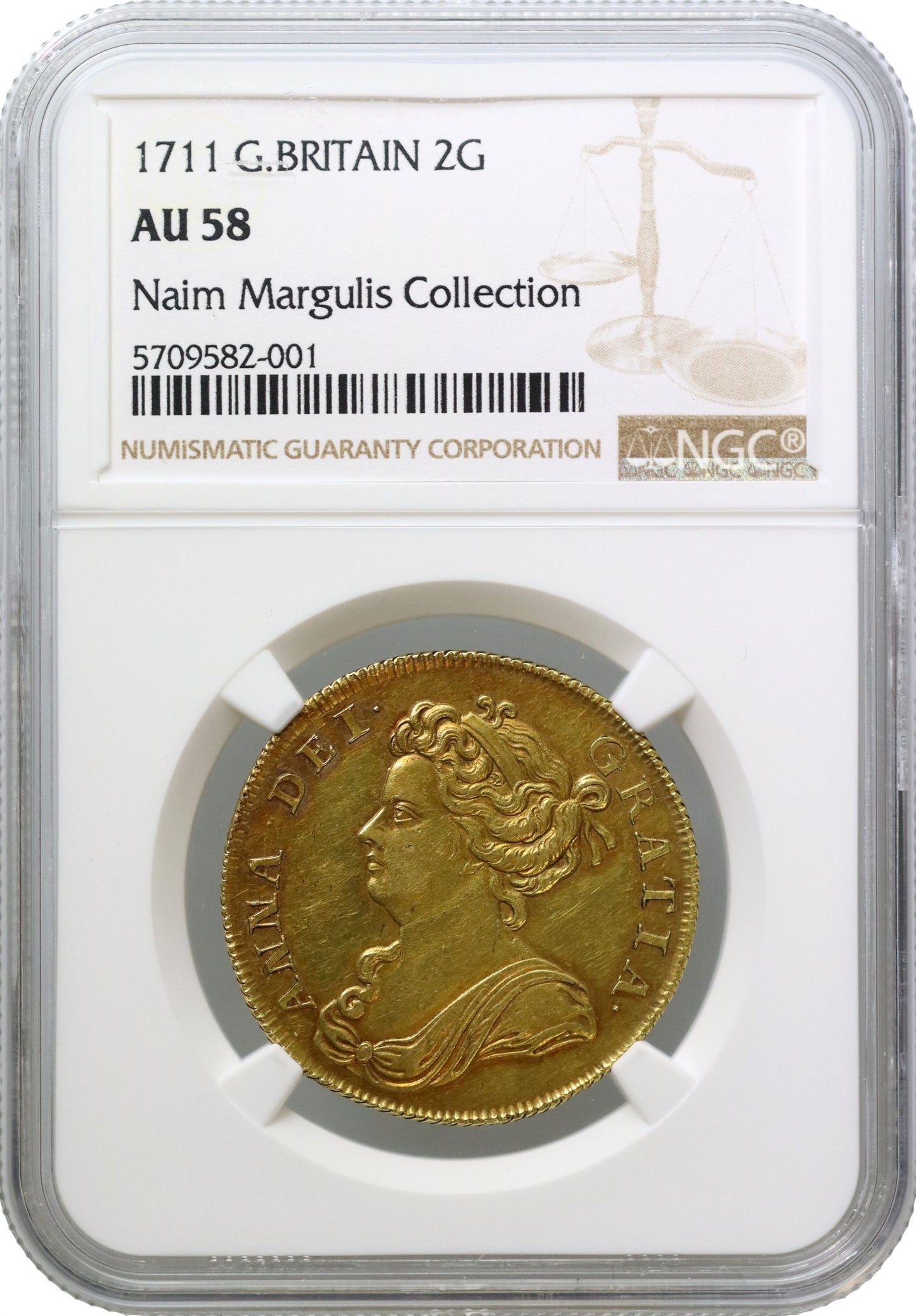 Anne 1711 Two-Guineas, draped bust, AU58, ex Margulis