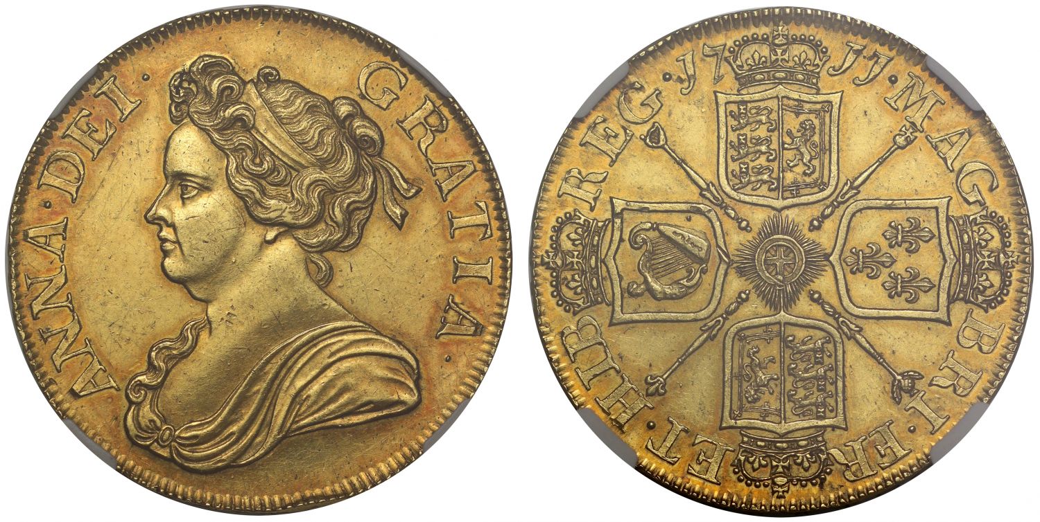 Anne 1711 Five-Guineas, 2nd bust, AU58, Post-Union