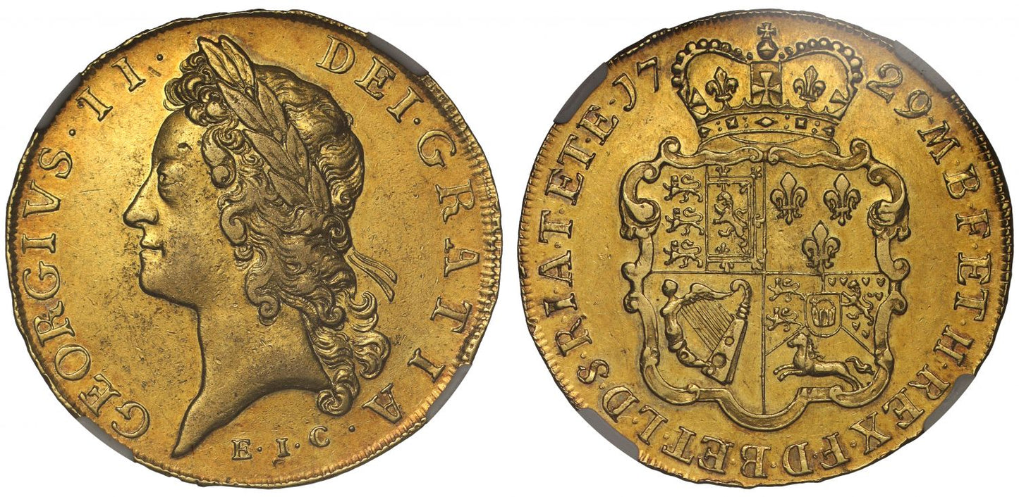George II 1729 EIC Five-Guineas, AU53, East India Company gold, ex Margulis