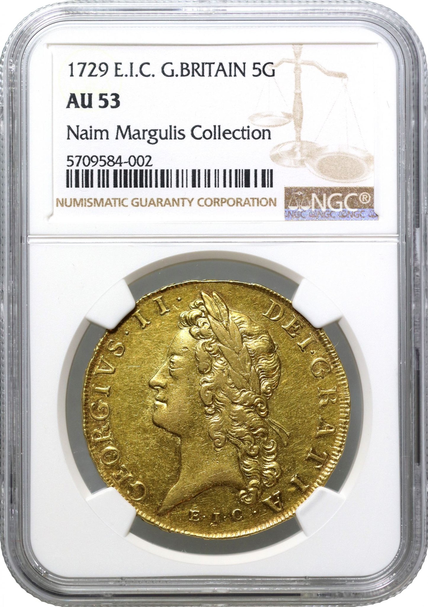 George II 1729 EIC Five-Guineas, AU53, East India Company gold, ex Margulis
