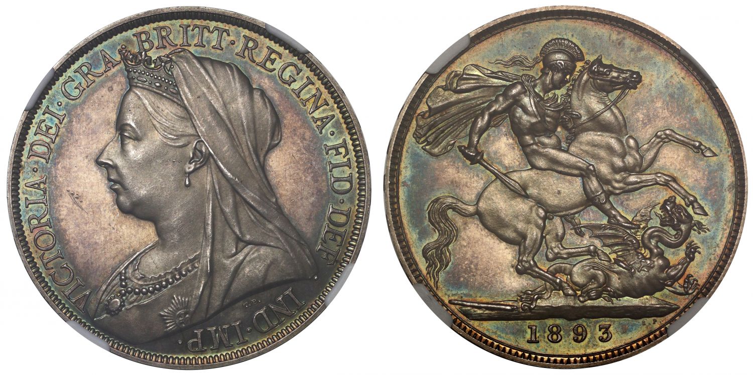 Victoria 1893 proof Crown, edge LVI, PF62 CAMEO, ex Margulis