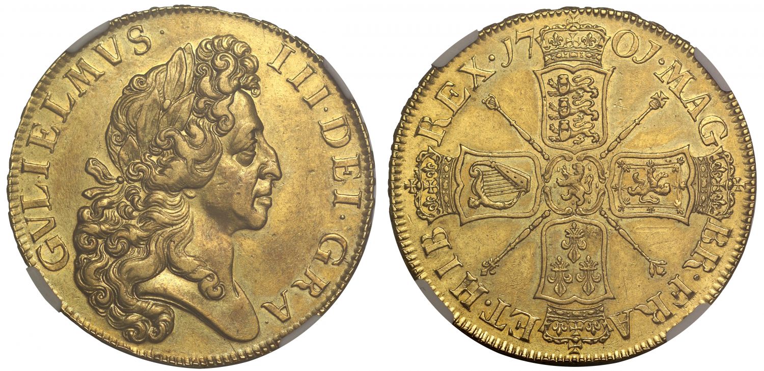 William III 1701 Five-Guineas, 'Fine work', plain sceptres, NGC AU53