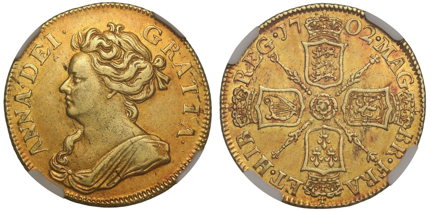 Anne 1702 Guinea, Pre-Union, rose at centre of reverse, NGC AU58