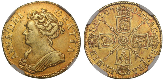 Anne 1702 Guinea, Pre-Union, rose at centre of reverse, NGC AU58