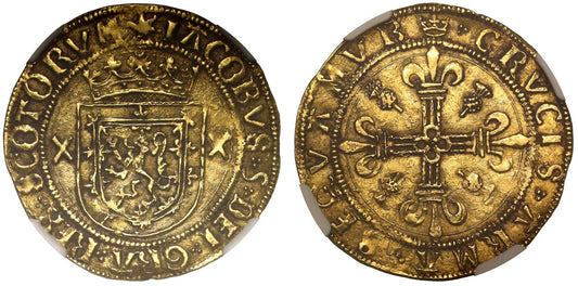 Scotland, James V gold Crown, Type III, XF40, rounded shield, 7 pellets
