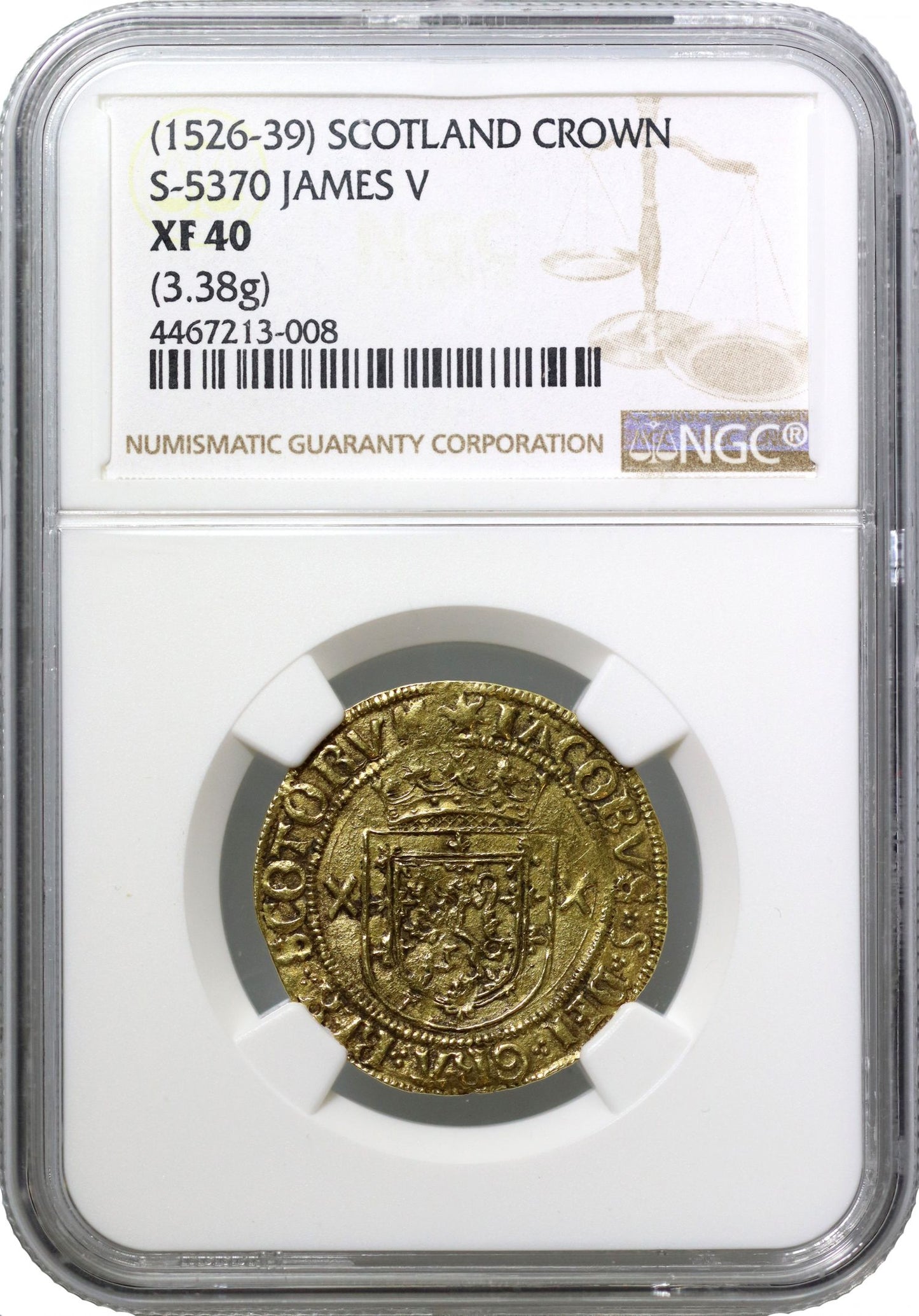 Scotland, James V gold Crown, Type III, XF40, rounded shield, 7 pellets