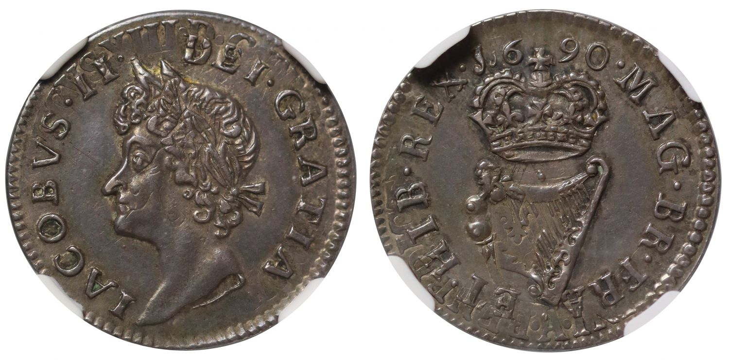 Ireland, James II 1690 silver Halfpenny, struck over French 5 Sols NGC PF62