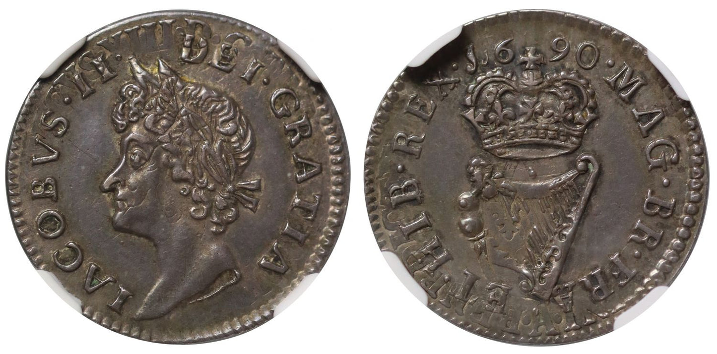 Ireland, James II 1690 silver Halfpenny, struck over French 5 Sols NGC PF62