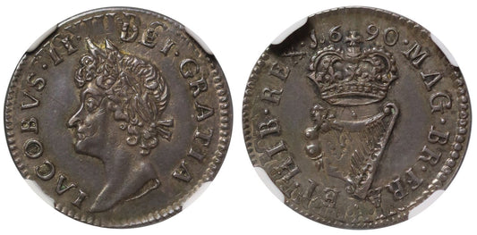 Ireland, James II 1690 silver Halfpenny, struck over French 5 Sols NGC PF62