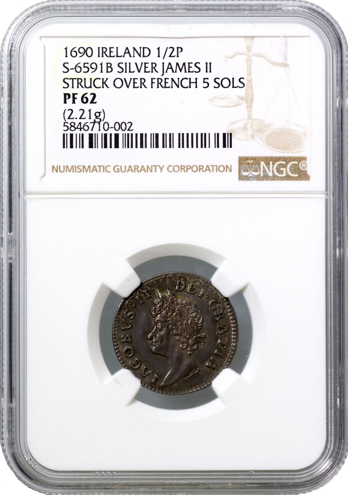 Ireland, James II 1690 silver Halfpenny, struck over French 5 Sols NGC PF62