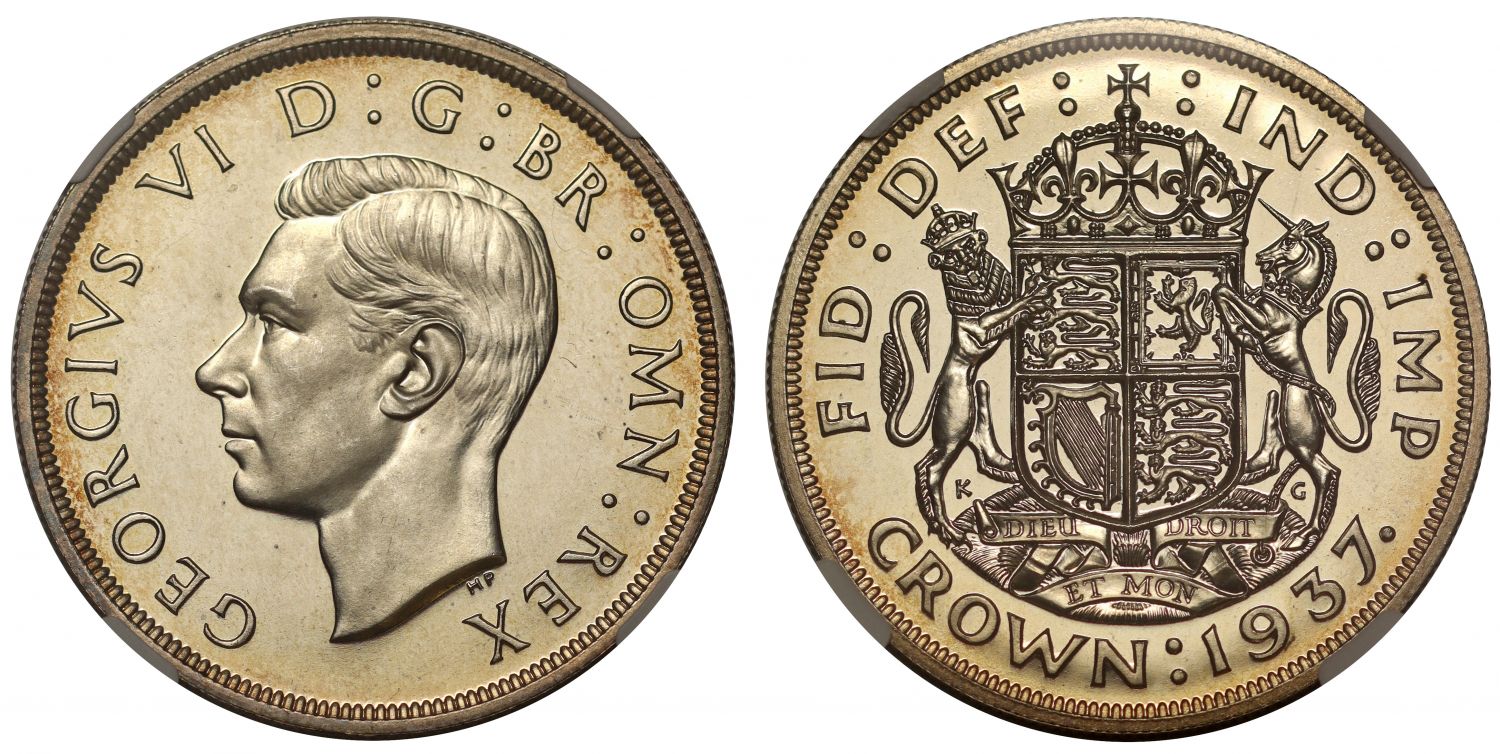 George VI 1937 VIP proof Crown, PF64, frosted design and lettering, ex Richardson
