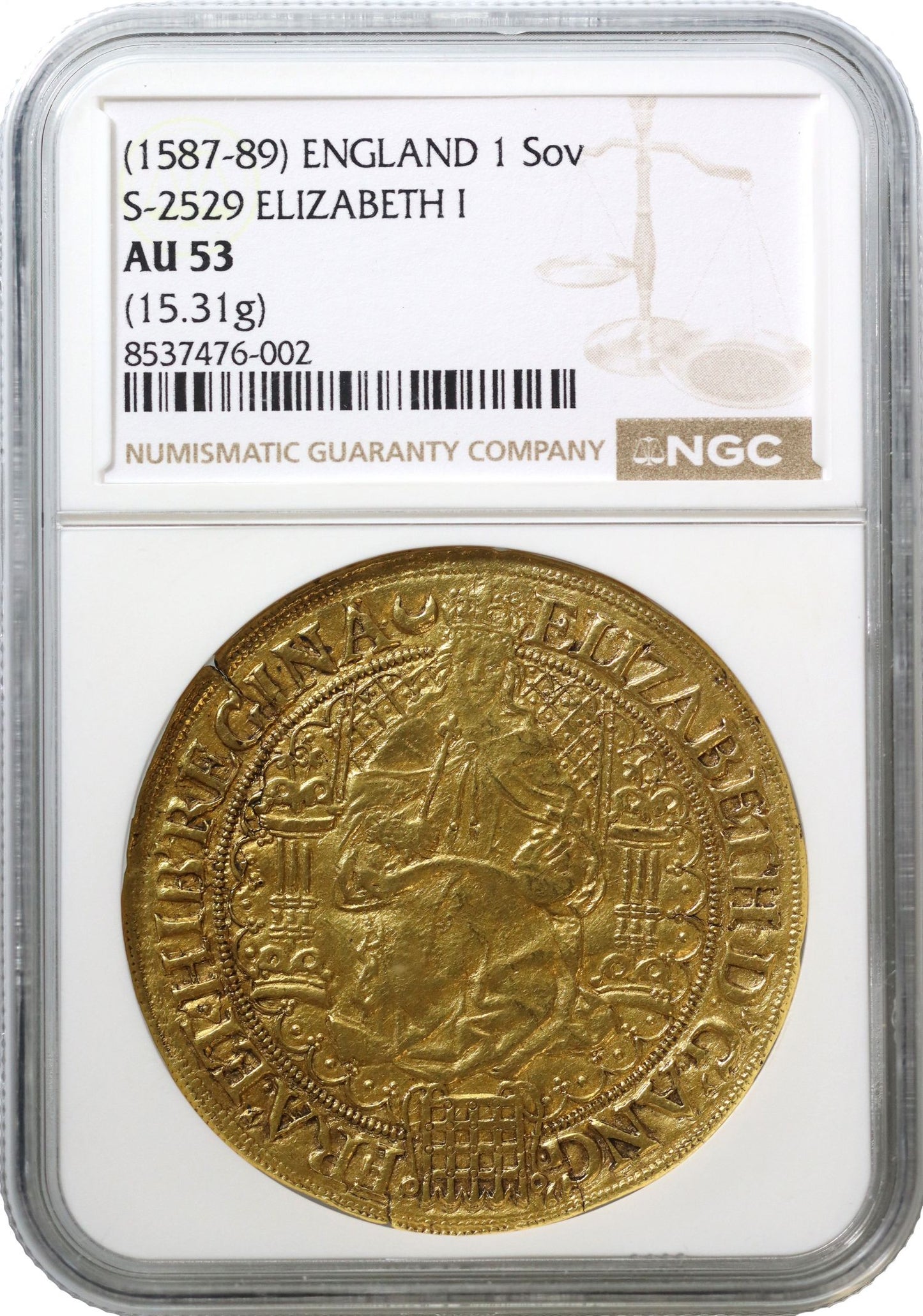 Elizabeth I Sovereign, sixth issue, mm crescent (1587-89), AU53