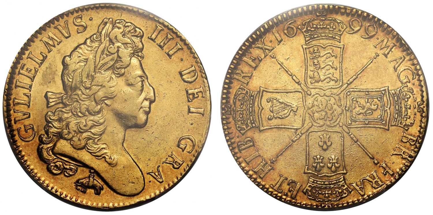William III 1699 Five-Guineas, Elephant & Castle, AU53, ex Traveller collection