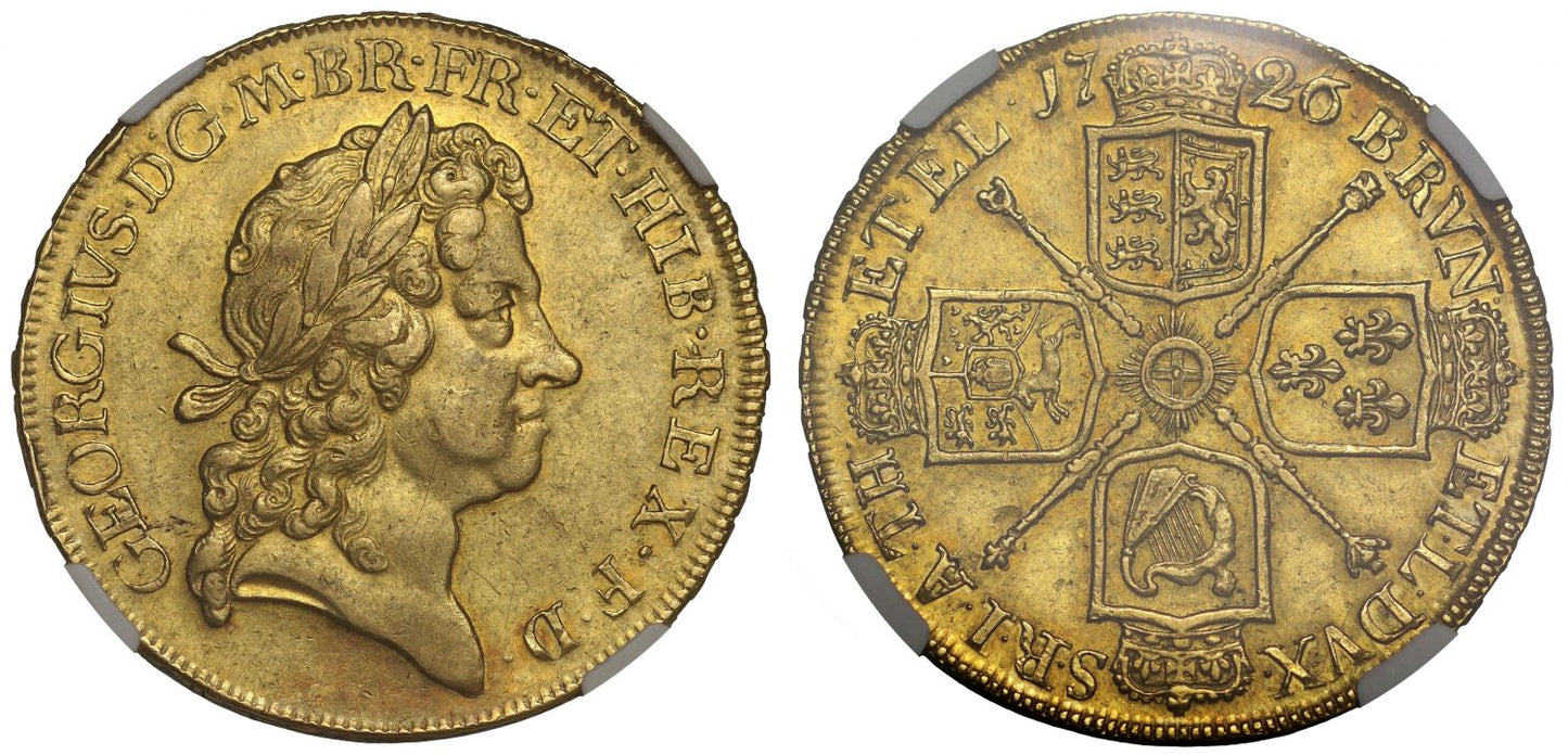 George I 1726 Five-Guineas, AU53, inverted Ns on edge, final year of reign