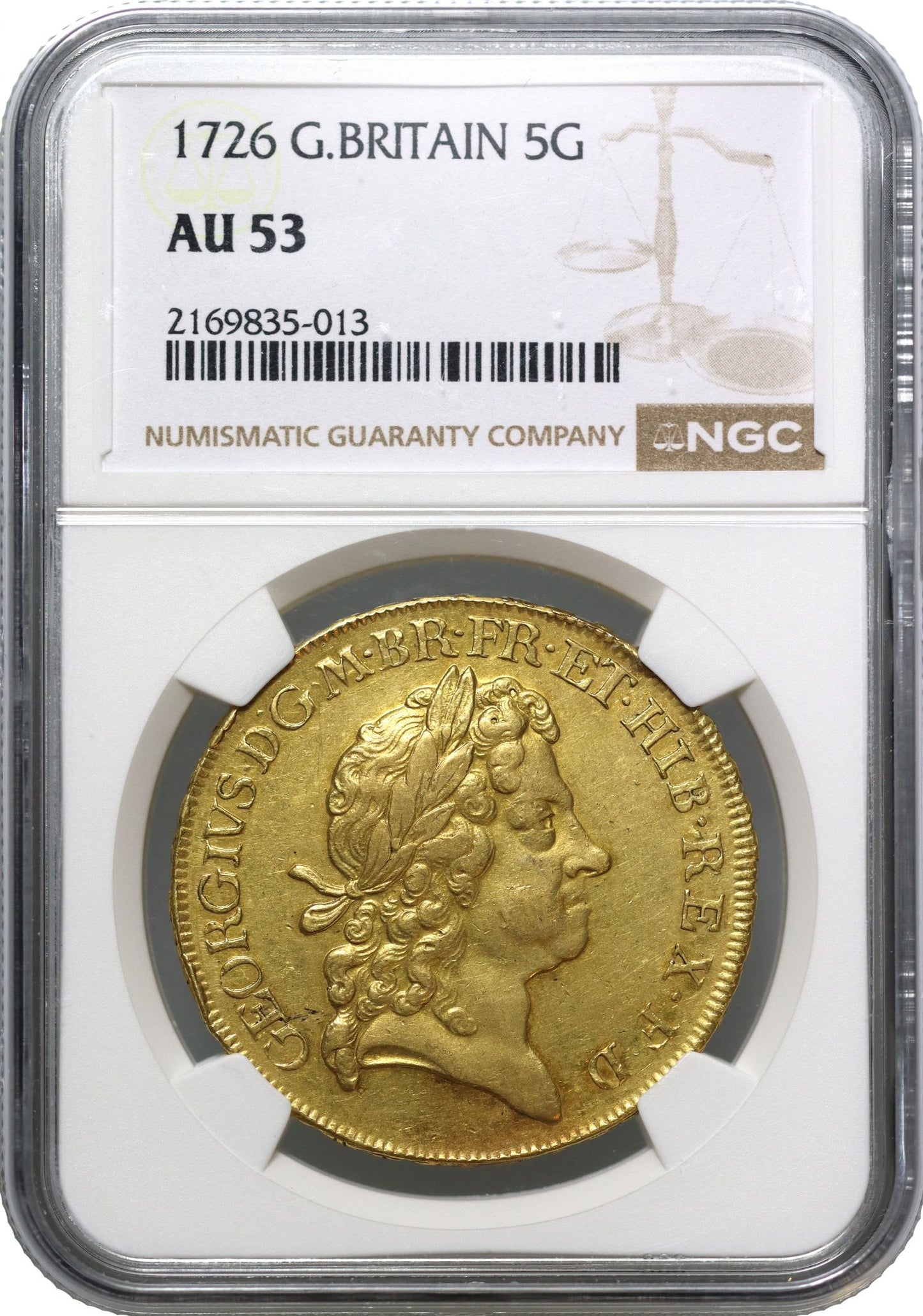 George I 1726 Five-Guineas, AU53, inverted Ns on edge, final year of reign