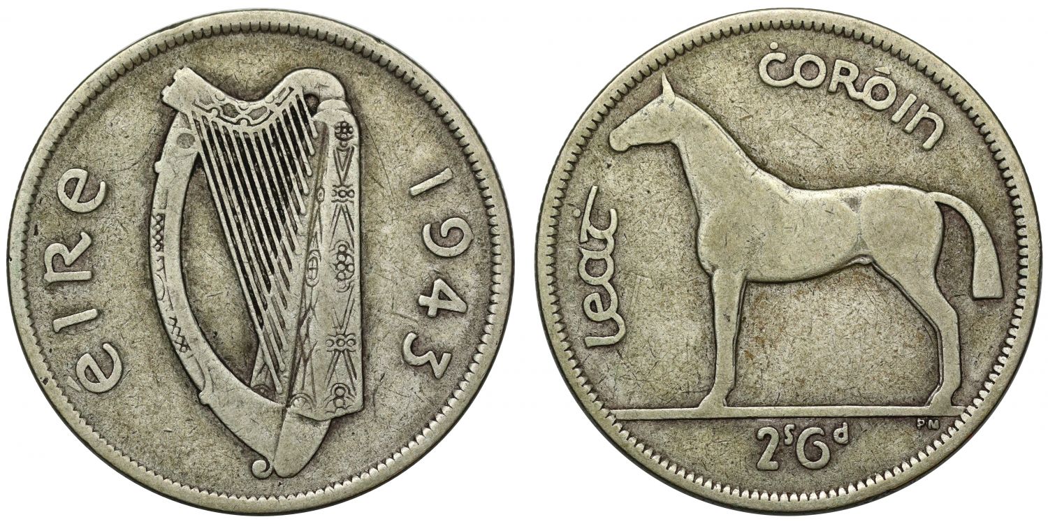 Ireland, 1943 Halfcrown, rarest date for the Republic issue currency halfcrown