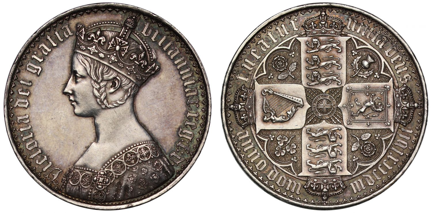 Victoria 1847 Gothic Crown, PF58, lettered edge UNDECIMO, Britannia silver standard