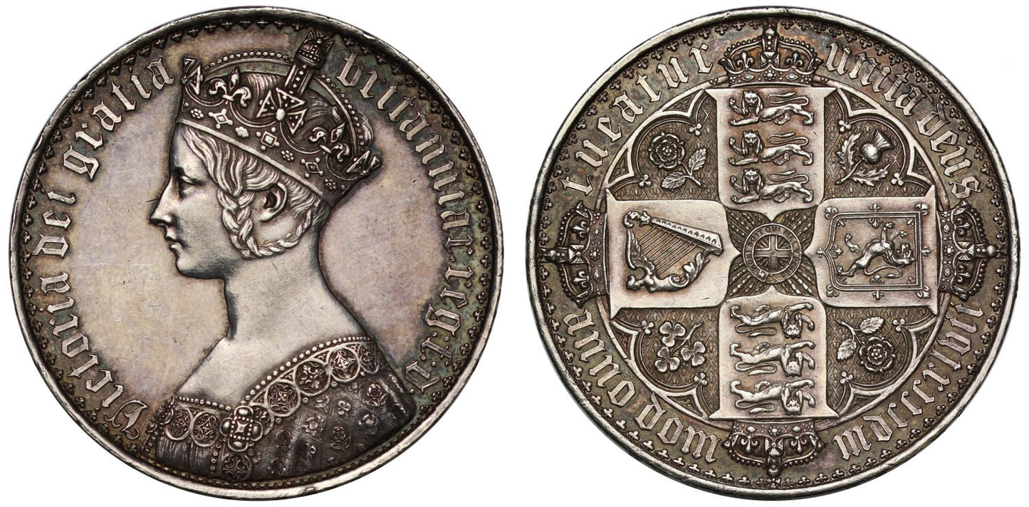Victoria 1847 Gothic Crown, PF58, lettered edge UNDECIMO, Britannia silver standard