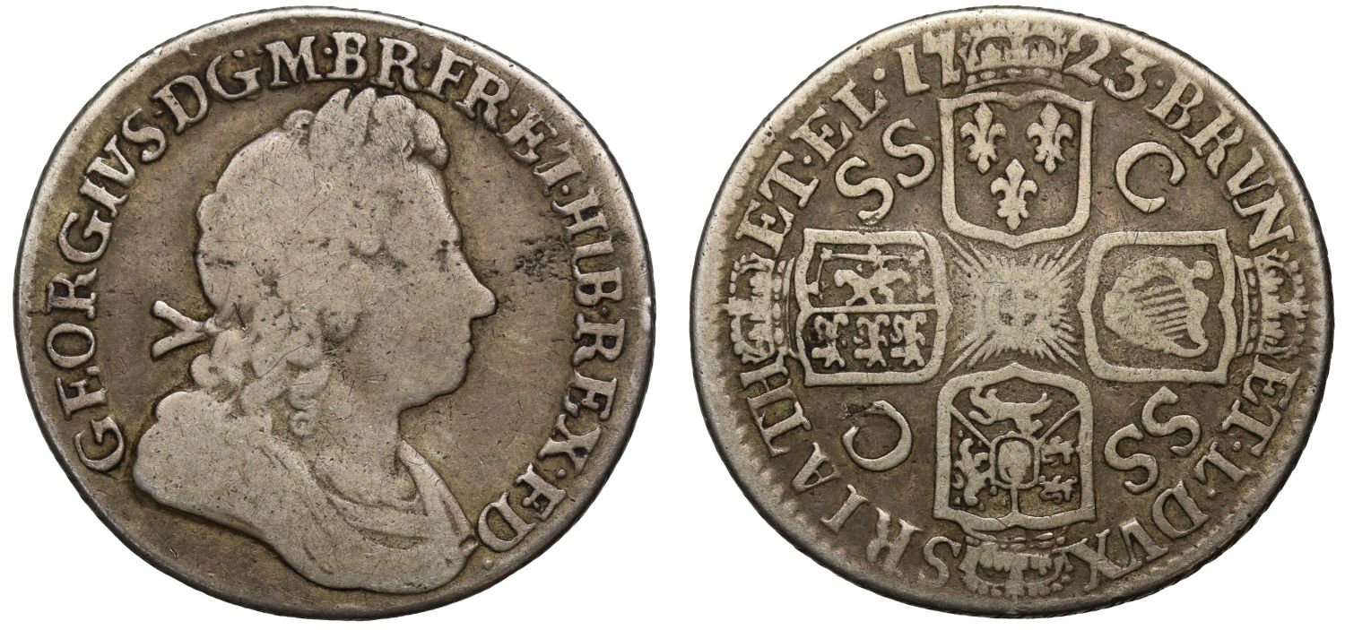 George I 1723 SSC Shilling, French Arms at date, ex Clarke