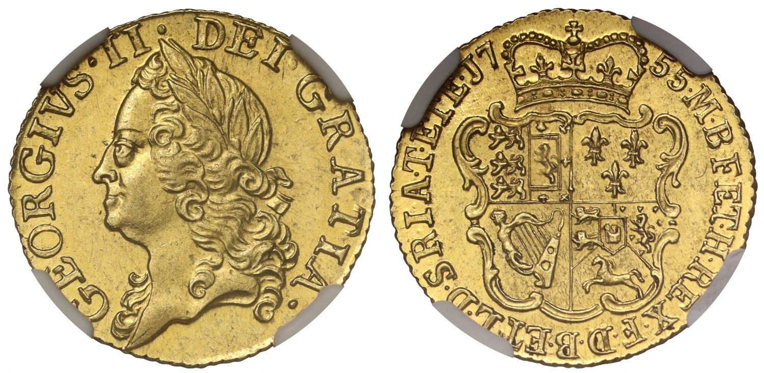 George II 1755 Half-Guinea, old head, MS62, very rare date, ex Cope