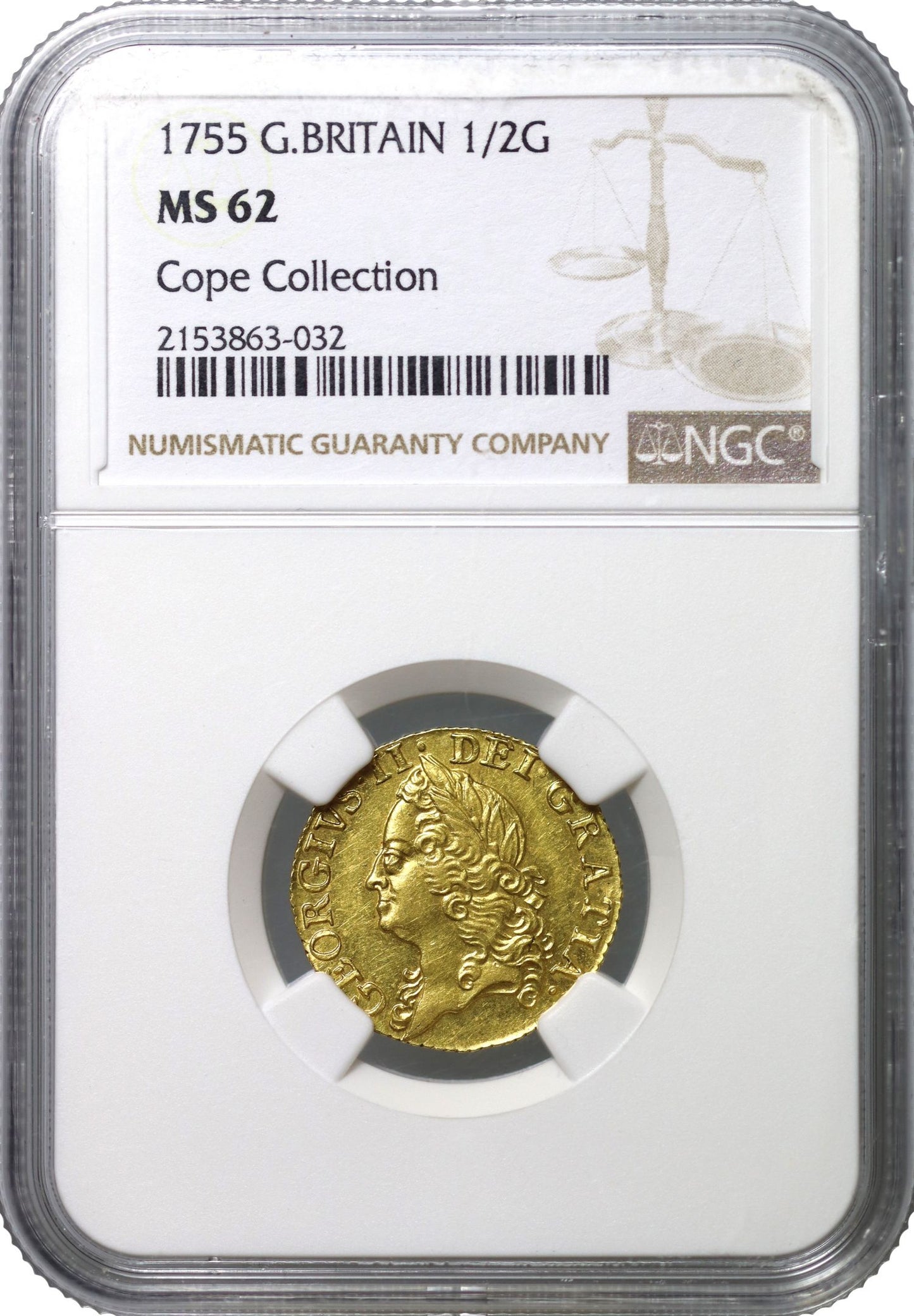 George II 1755 Half-Guinea, old head, MS62, very rare date, ex Cope