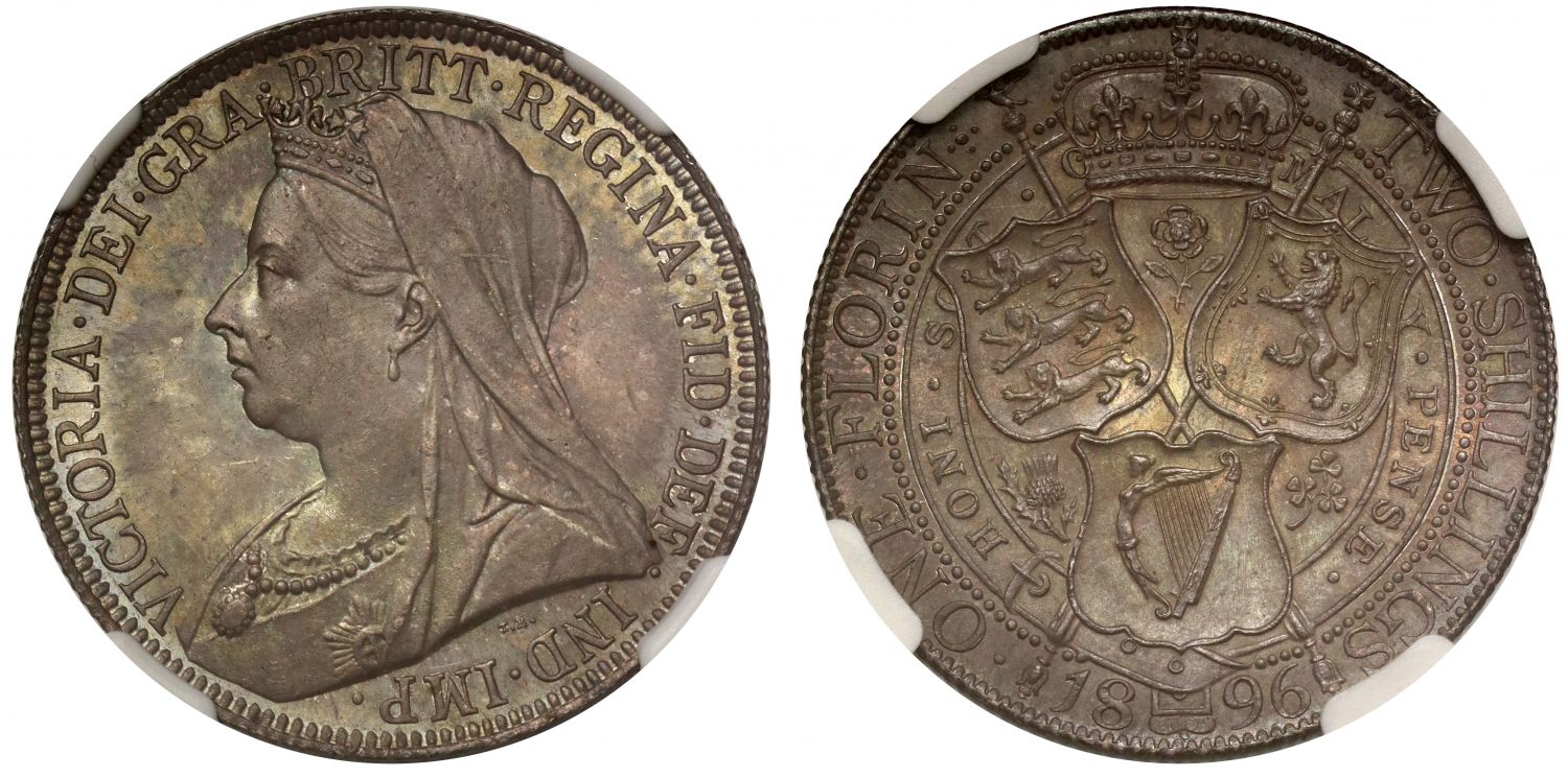 Victoria 1896 Florin, old head, Davies dies 2/B NGC graded MS64
