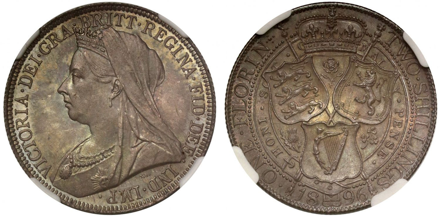 Victoria 1896 Florin, old head, Davies dies 2/B NGC graded MS64