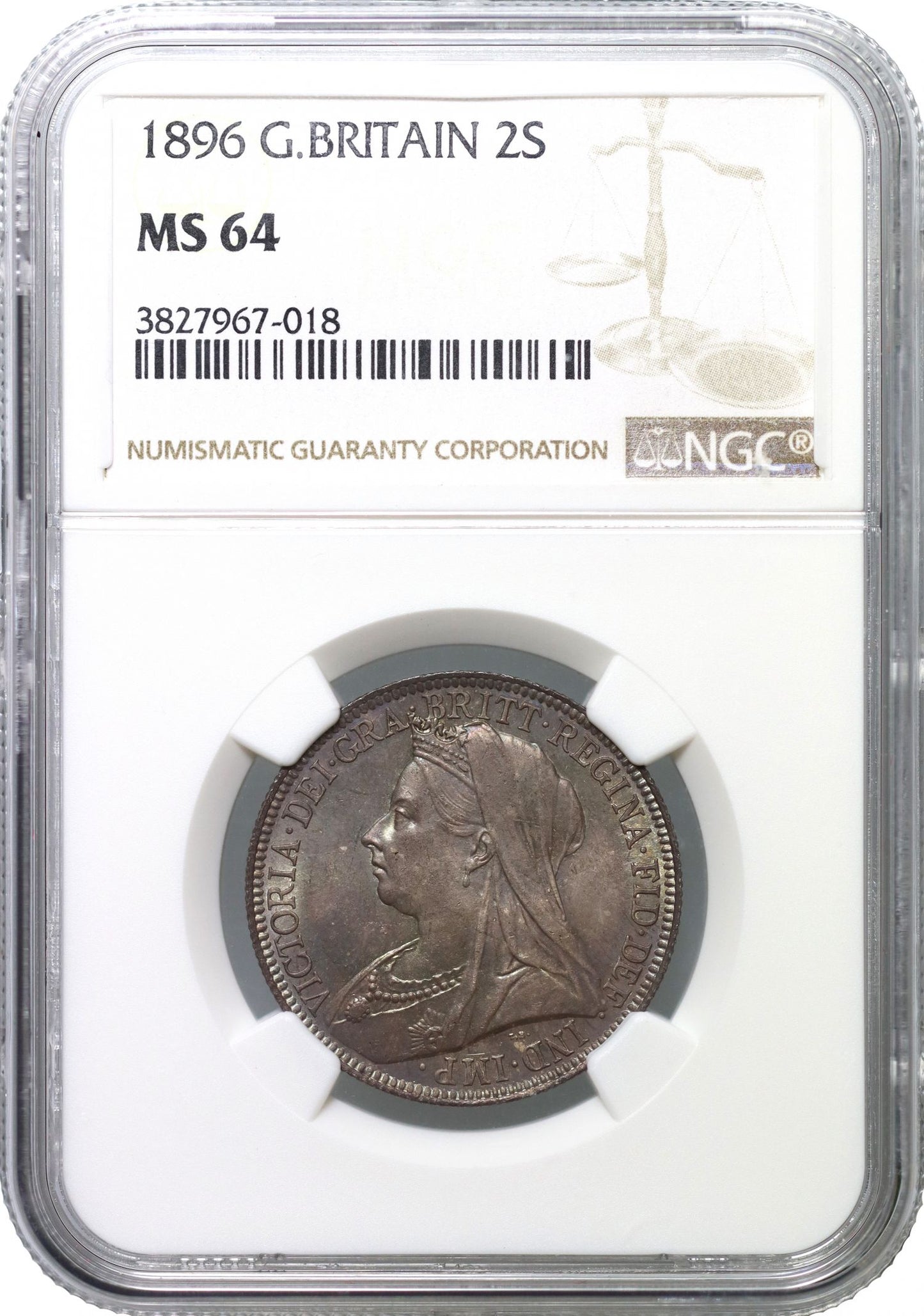 Victoria 1896 Florin, old head, Davies dies 2/B NGC graded MS64