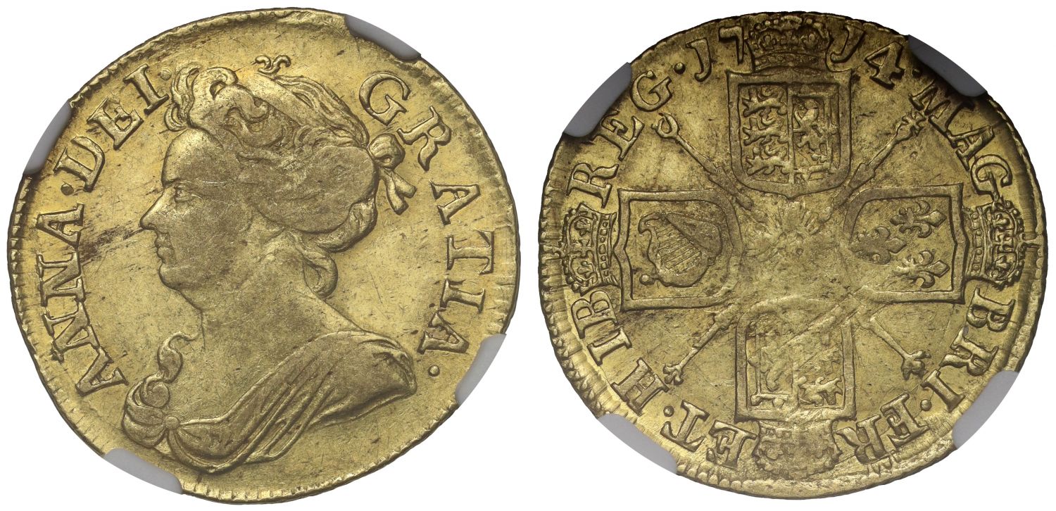 Anne 1714 Guinea, VF35, 3rd bust, ex Ellerby Hoard