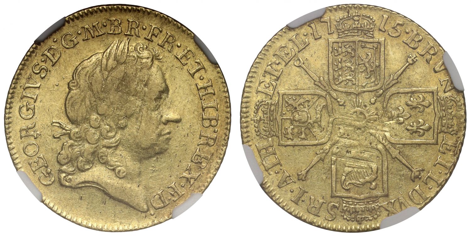 George I 1715 Guinea, NGC VF35, 3rd head, ex Ellerby Hoard