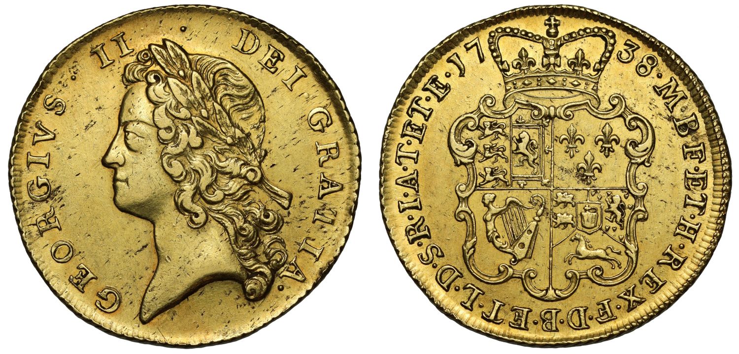 George II 1738 Two-Guineas, young head, 7-string harp, dies 4/4