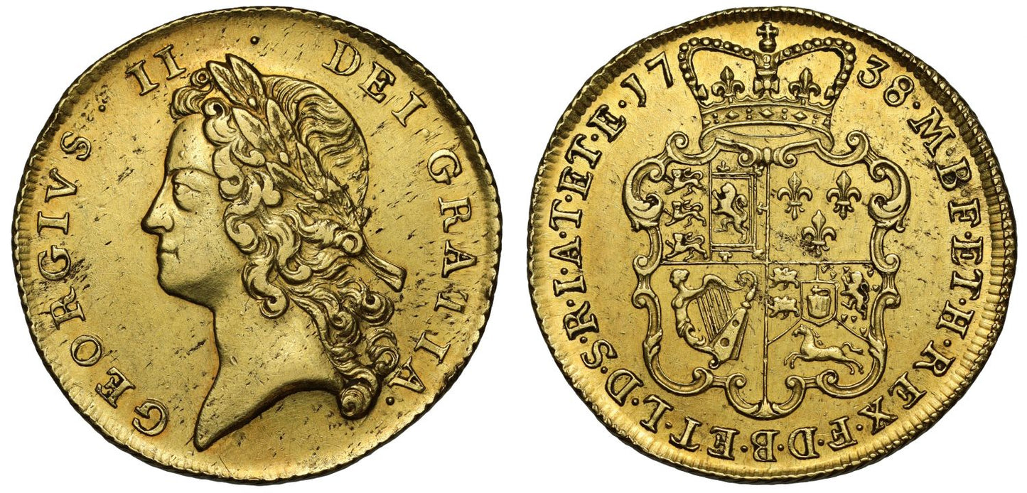 George II 1738 Two-Guineas, young head, 7-string harp, dies 4/4