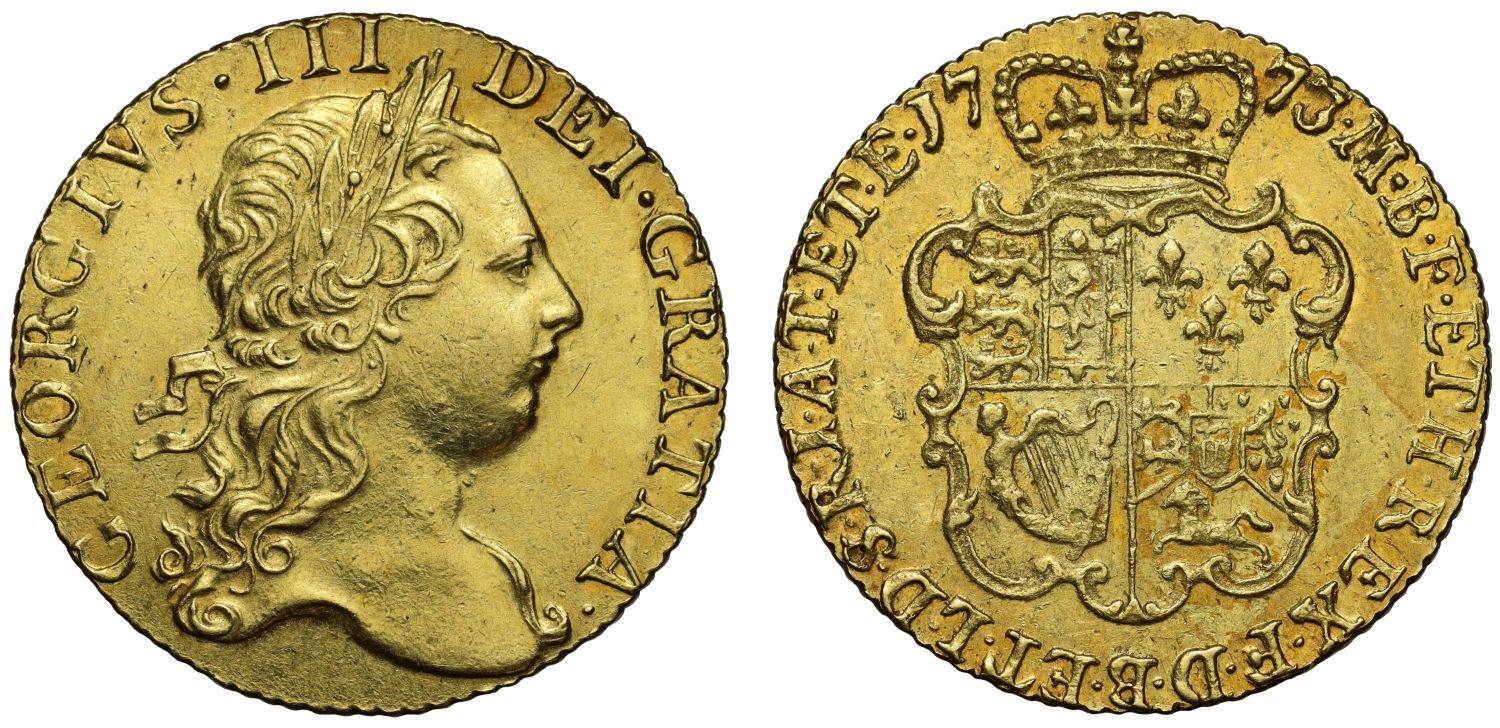 George III 1773 Guinea, rose reverse, 3rd head, type final year