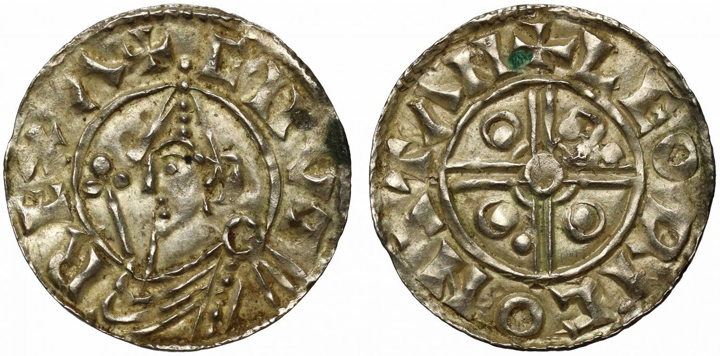 Canute Penny, Helmet type, Stamford Mint, Leofric, with two extra rev. pellets, Leofric