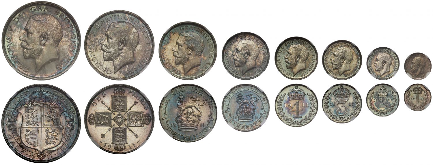George V 1911 8-coin silver proof Set, PF64-65, Coronation, high grade