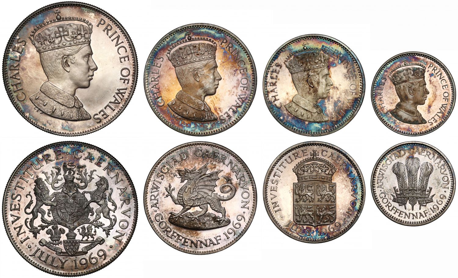 Charles, Prince of Wales, Investiture, 1969, silver 4-medal Set by John Pinches