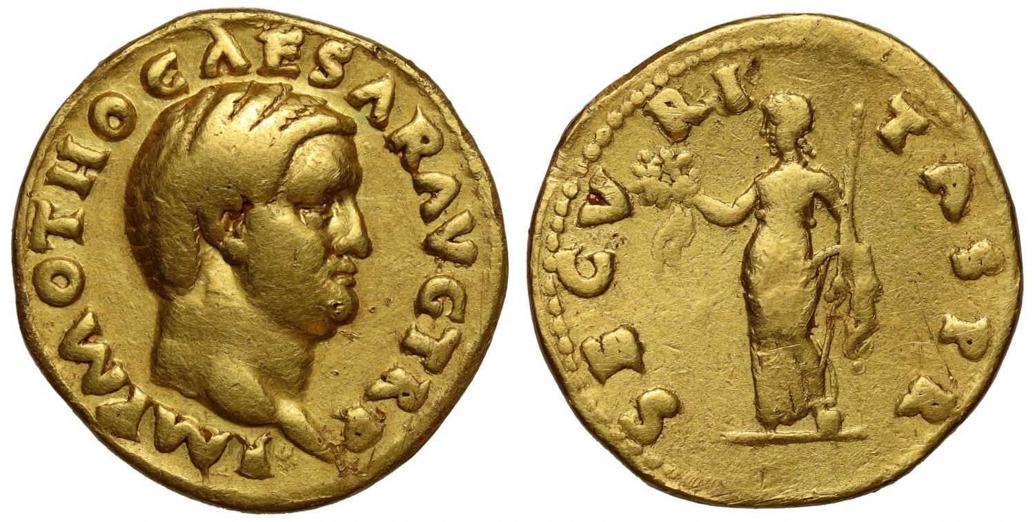 Very Rare Otho, Gold Aureus, Ch F, 5/5, 2/5, edge marks, scuffs, light smoothing, AD 69.