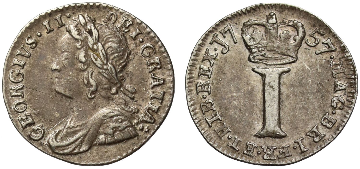 George II 1757 Maundy Penny, with colon after GRATIA in legend