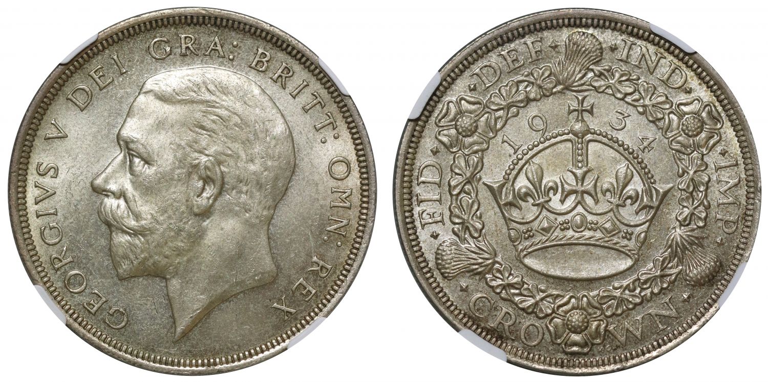 George V 1934 'Wreath' Crown, NGC MS64, rarest date of the type, ex Prince