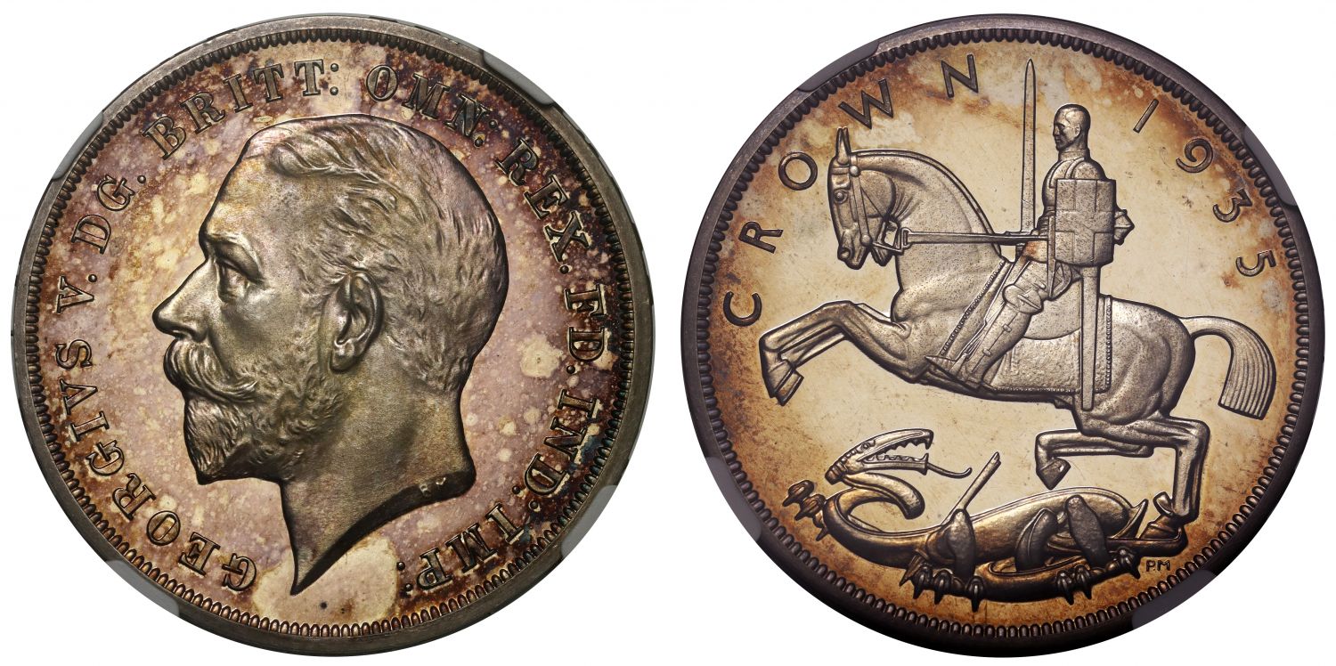 George V 1935 proof Crown, raised edge lettering, NGC PF63 ultra cameo