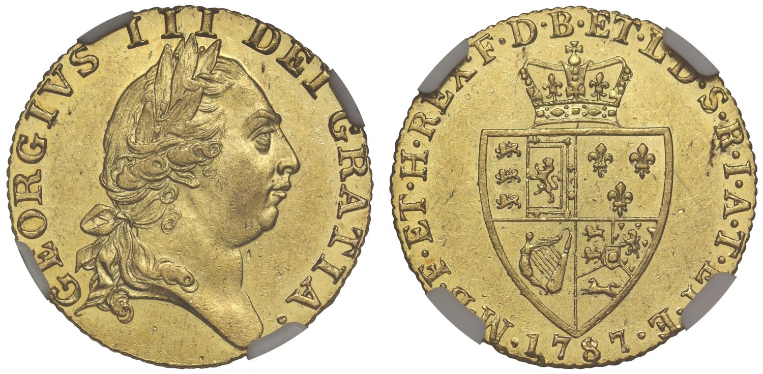 George III 1787 Guinea, AU58, 5th head, spade reverse, type 1st year