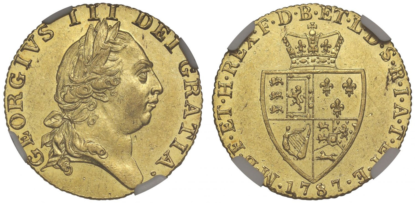 George III 1787 Guinea, AU58, 5th head, spade reverse, type 1st year